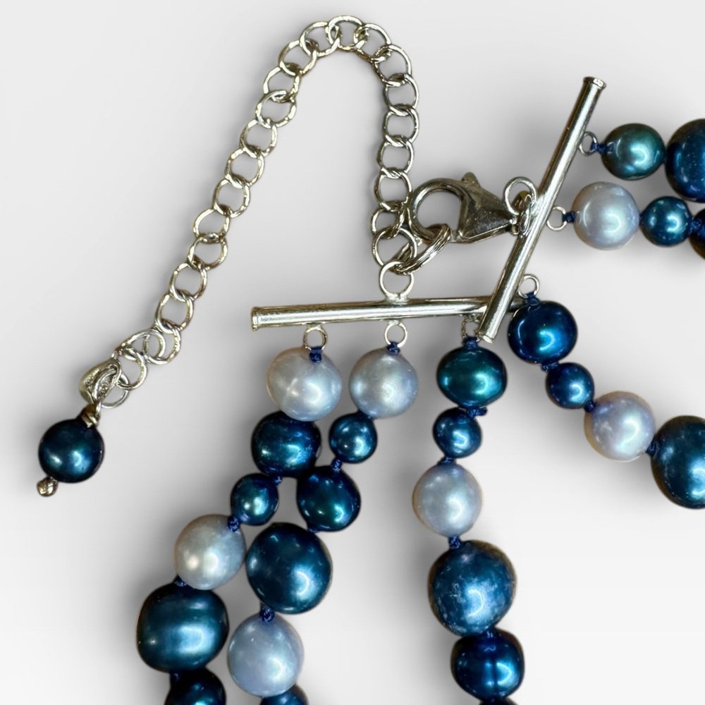 LUCAS LAMETH Sterling Triple-Strand Faceted Sodalite & Cultured Pearl Necklace - Picture 9 of 12